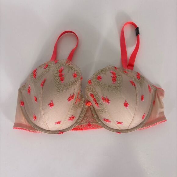 New Victoria's Secret Tan with Neon Pink Floral Print Mesh Bra Size 36DD - Picture 1 of 9